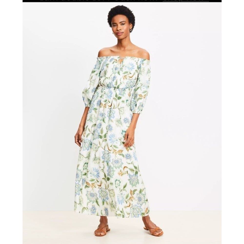 LOFT Maxi Dress SIZE 6 Floral 3/4 Balloon Sleeve Off-the-Shoulder Romantic